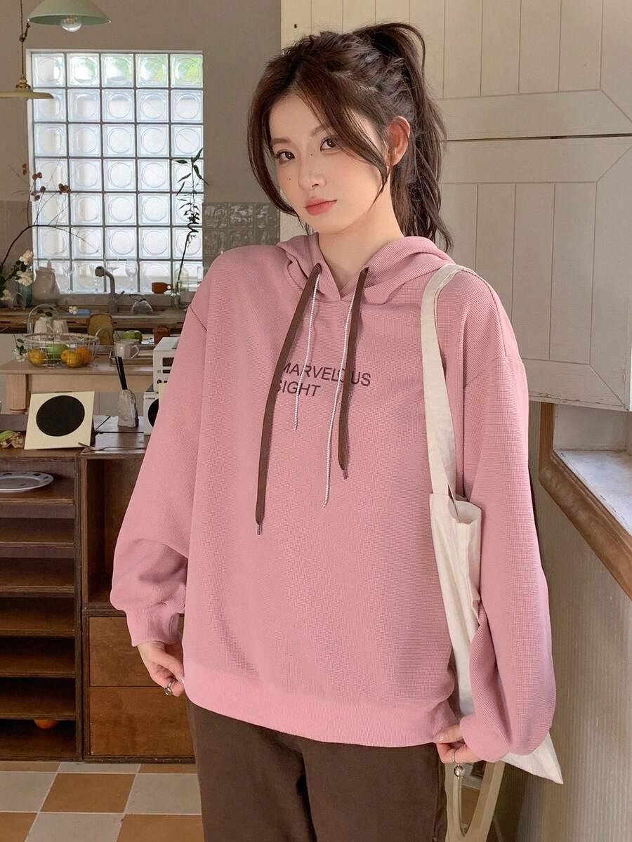 DAZY Letter Graphic Drop Shoulder Drawstring Hoodie - Pink - View 1