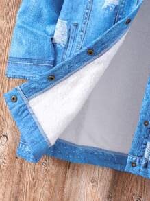 SHEIN Tween Girl 1pc Ripped Flap Pocket Borg Collar Teddy Lined Coat - Blue - View 6