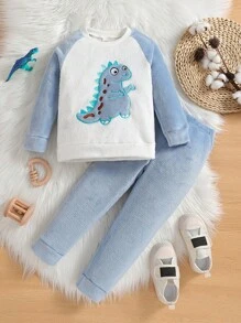 SHEIN 男小童恐龍刺繡插肩袖法蘭絨衛衣和褲子 - 藍色 - 查看 1