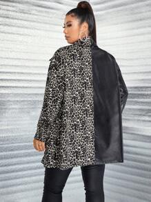Flirla Talla grande Abrigo con estampado de leopardo de malla en contraste PU - Multicolor - Ver 2