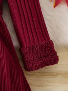 SHEIN 女小童素色條紋針織泡泡袖洋裝附帽子 - 紅色 - 查看 6