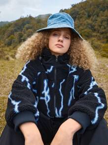 In My Nature Lightning Pattern Hooded Outdoor Fleece Jacket - Black - View 4