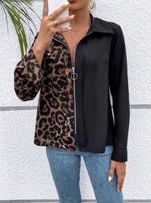 SHEIN LUNE Leopard Print Zip Up Blouse - Black - View 1