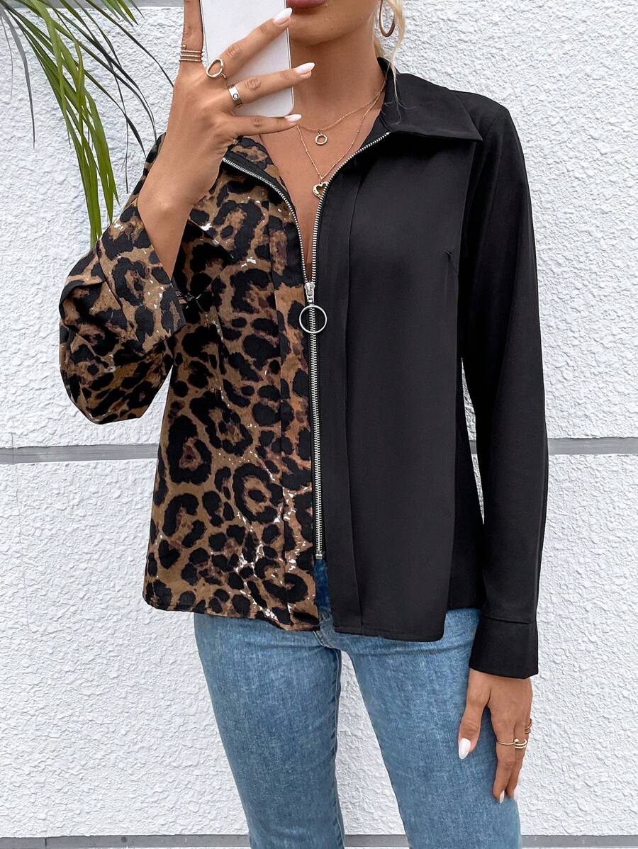 SHEIN LUNE Leopard Print Zip Up Blouse - Black - View 1