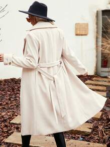 Pariaura Solid Belted Longline Belted Overcoat,Ladies Late Fall Elegant Belted,Pocket Regular Sleeve Lapel Regular Fit Apricot Plain Women Overcoats,Professional/Business Attire/Workwear - Apricot - View 2