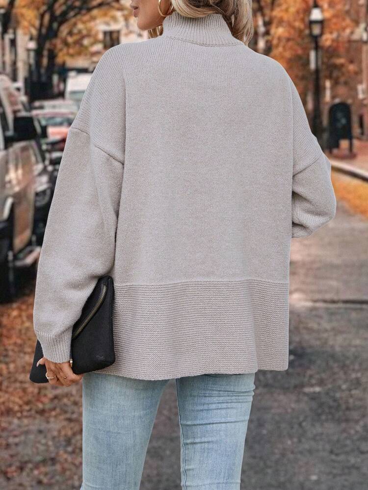 Cable Knit Drop Shoulder Split Hem Knit Pullover Fall Winter Sweater