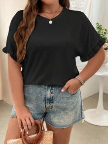 SHEIN Clasi Hơn Chất rắn tay áo lá sen Áo thun - màu đen - Xem 4