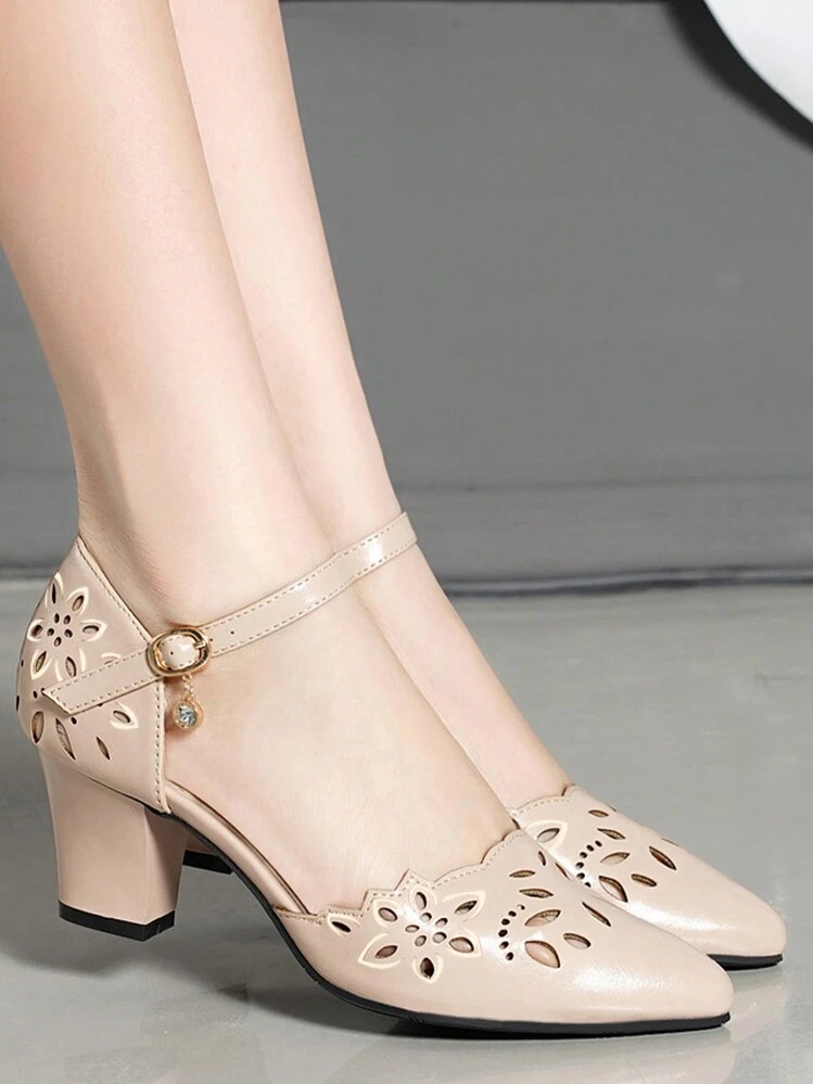 Fall/Winter 2025 New Strap Pointed Toe Versatile Comfortable Pointed Toe Chunky Heel Hollow Out Sandals For Women,Elegant,Women Pumps,Elegant - Apricot - View 4