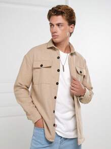 RueChic Men Flap Pocket Button Front Jacket - Beige - View 6