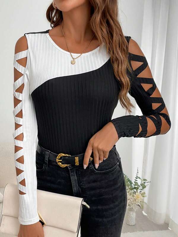 SHEIN Clasi Tricou decupat încrucișat în două tonuri Top asimetric