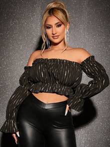 SHEIN SXY Viền Ruffle Off Shoulder Top Cây trồng - màu đen - Xem 6