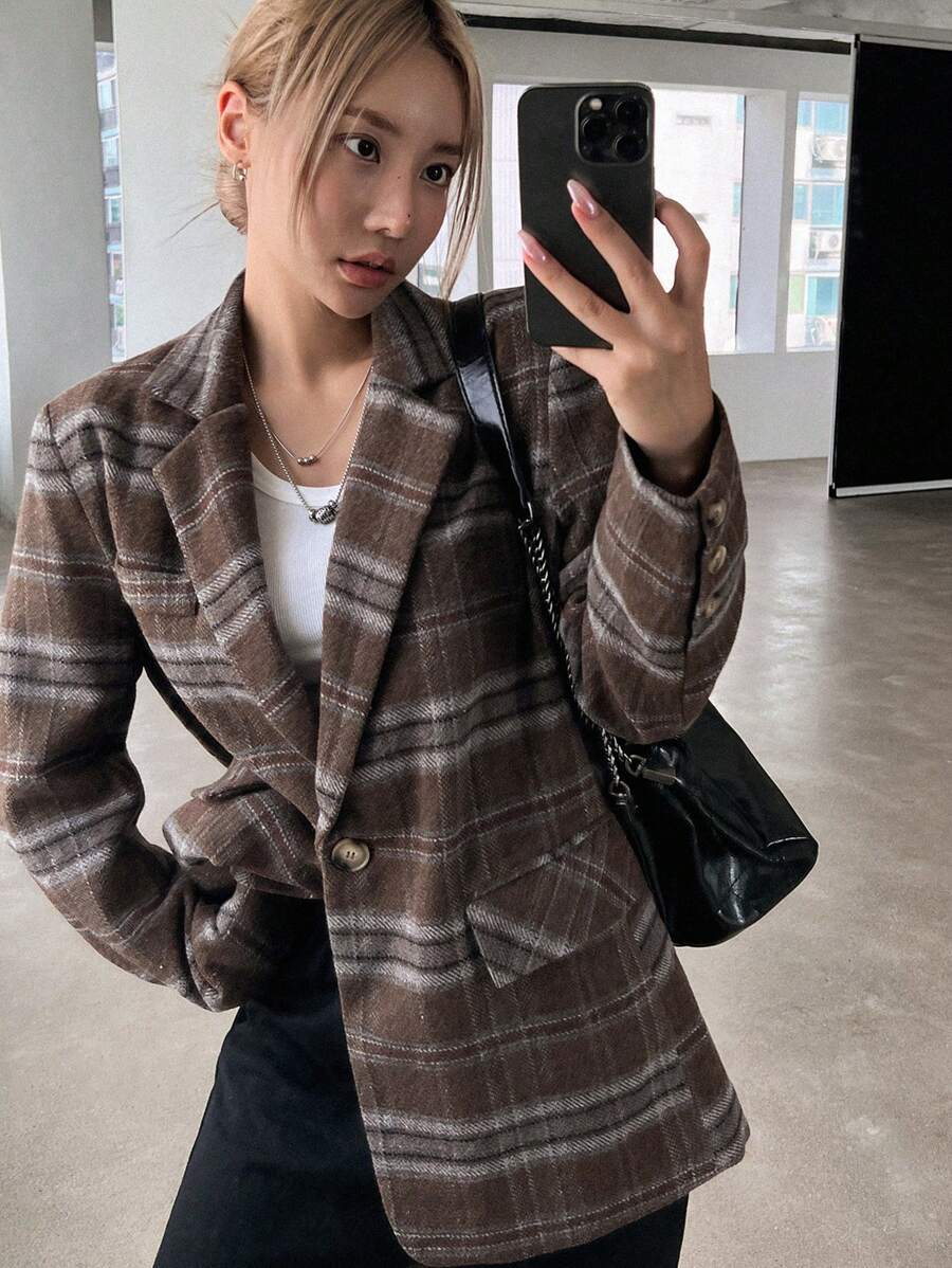 DAZY 格紋印花西裝領西裝外套 - 彩色 - 查看 1