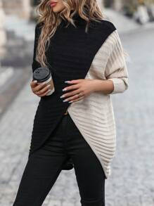 SHEIN LUNE Two Tone Turtleneck Wrap Cross Asymmetrical Hem Sweater - Black - View 6