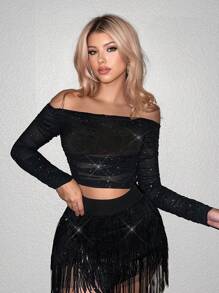 Sweetina Off Shoulder Glitter Mesh Crop Top - Black - View 4