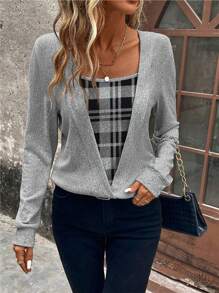 EMERY ROSE Plaid Print 2 In 1 Sweatshirt Graduation,Back To School Outfits,Graduation,Teacher Outfits For Women,Back To School - Grey - View 1