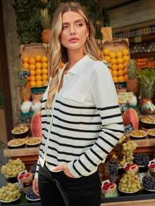 SHEIN Frenchy Striped Pattern Flap Pocket Cardigan - Black and White - View 4