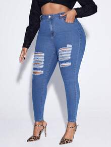 SHEIN EZwear Talla grande Jeans ajustados desgarro con cremallera - Azul lavado medio - Ver 6