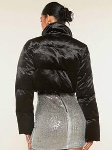 SHEIN BAE 拉链短款天鹅绒填充大衣 - 黑色 - 查看 2