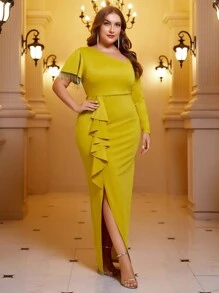 SHEIN Belle Plus Asymmetrical Neck Ruffle Trim Split Thigh Formal Dress - Yellow - View 5