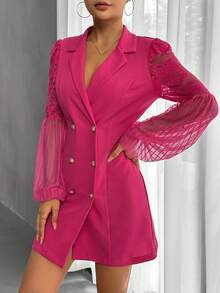SHEIN Privé 蕾絲拼接燈籠袖雙排釦西裝洋裝 - 玫紅色 - 查看 6