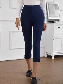 EMERY ROSE 純色高腰捲邊袢下擺打底褲 - 藍色 - 查看 3