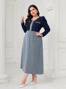 Modelyn Plus Plaid Print Puff Sleeve Contrast Trim Dress - Navy Blue - View 4