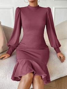 SHEIN Privé Vestido de manga farol fruncido bajo sirena - Rosa vieja - Ver 6