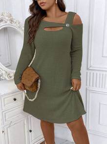 Calvaya Plus Cut Out Asymmetrical Neck Dress - Army Green - View 4