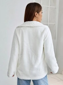 SHEIN PETITE Cổ áo Mở Mặt trước Áo khoác Teddy - trắng - Xem 2