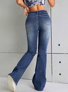 SHEIN ICON Jeans de pierna amplia con estampado floral - Azul lavado oscuro - Ver 2