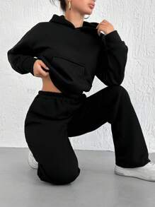 SHEIN Cottnline Solid Drop Shoulder Hoodie & Sweatpants - Black - View 2