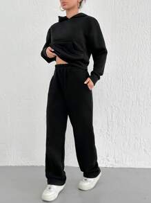 SHEIN Cottnline Solid Drop Shoulder Hoodie & Sweatpants - Black - View 7