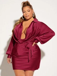 SHEIN SXY 大碼垂領燈籠袖腰帶緞面緊身洋裝 - 酒紅色 - 查看 4