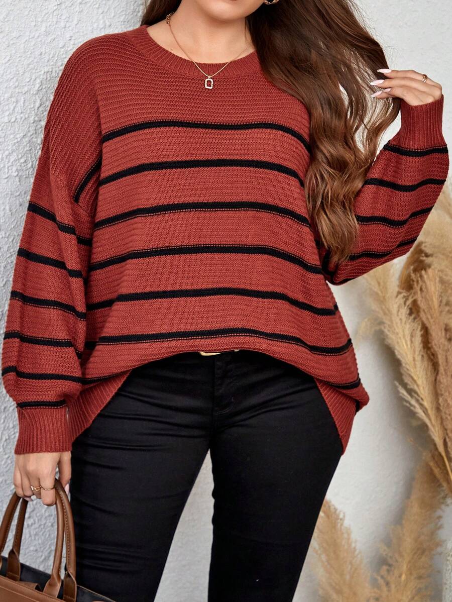 EMERY ROSE Suéter de hombros caídos con estampado de rayas para otoño/invierno en talla grande - Multicolor - Ver 1