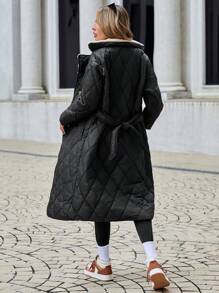 EURMUSE 双排扣泰迪内衬自系腰带绗缝大衣，女士冬季休闲腰带，纽扣落肩翻领常规款式黑色纯色女士冬季大衣，冬季保暖/冬季时尚 - 黑色 - 查看 2