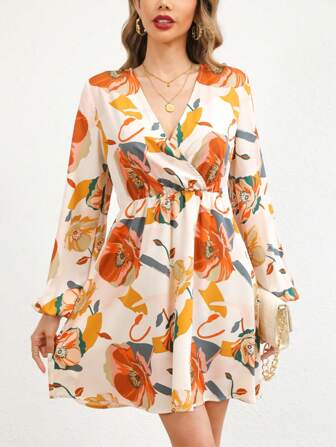 Floral Print Surplice Neck Lantern Sleeve Dress