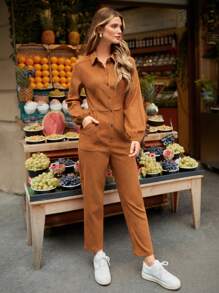 Poéselle 素色前紐扣襯衫連體褲不附腰帶