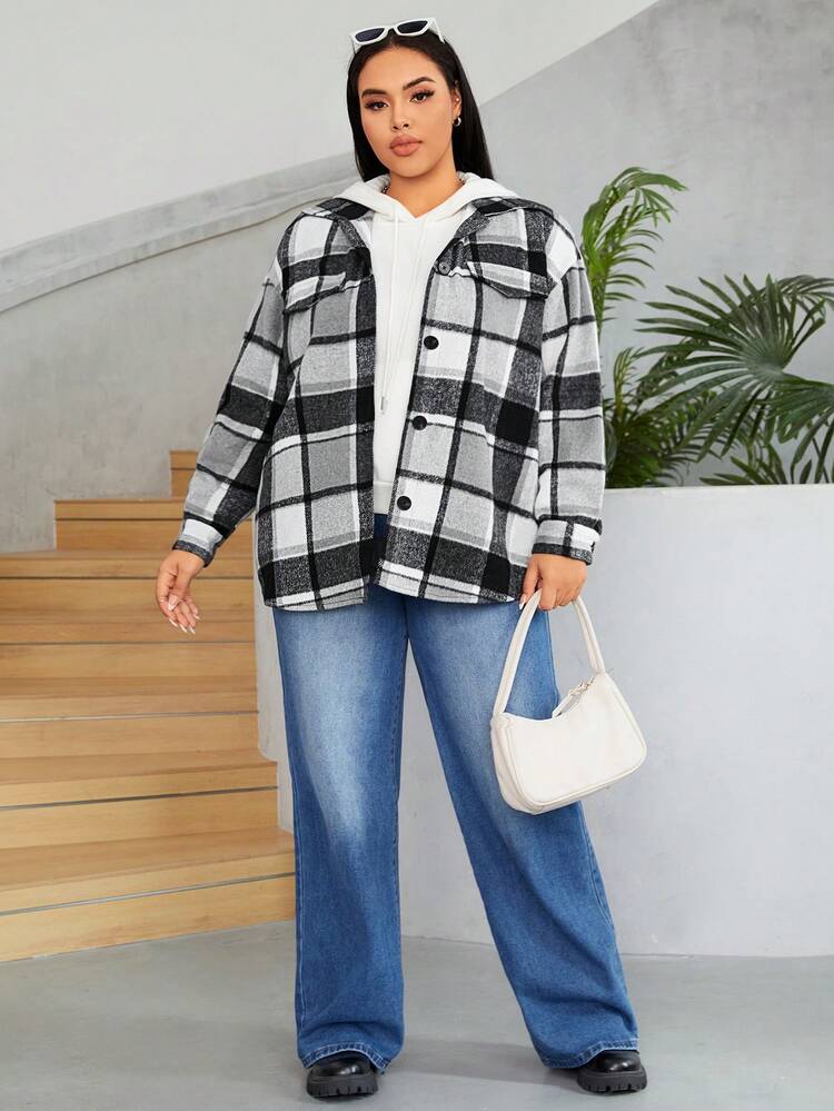 Women's Black & White Plaid Woolen Coat
