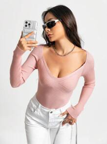 Chiquease Solid Ribbed Knit Tee Knit Pullover Sweater Fall Winter - Camel - View 3