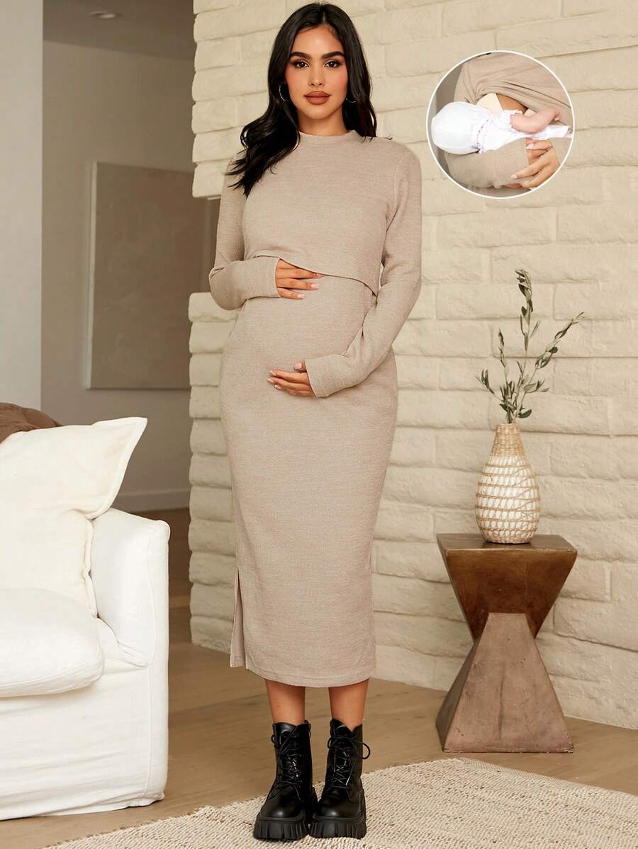 SHEIN Maternity Mock Neck Nursing Dress - Camel - View 1