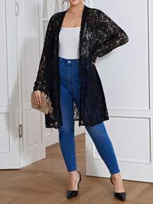 SHEIN LUNE Plus Open Front Lace Coat - Black - View 5