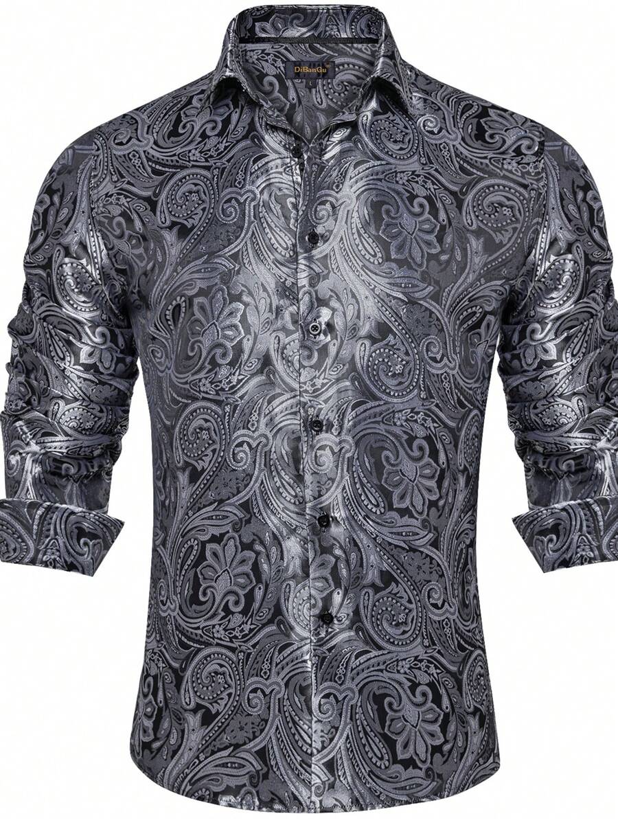 Hombres talla grande Camisa con estampado de paisley con botón - Gris - Ver 1