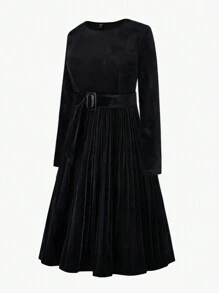SHEIN Clasi Plus Solid Belted Velvet Dress - Black - View 3