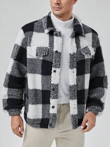 GENTILAND Men Plus Buffalo Plaid Print Teddy Jacket - Black and White - View 6