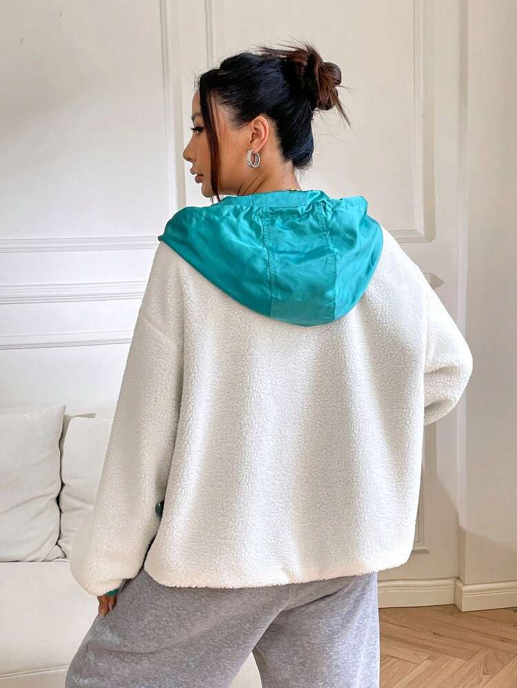 Two Tone Drop Shoulder Drawstring Hooded Teddy Jacket