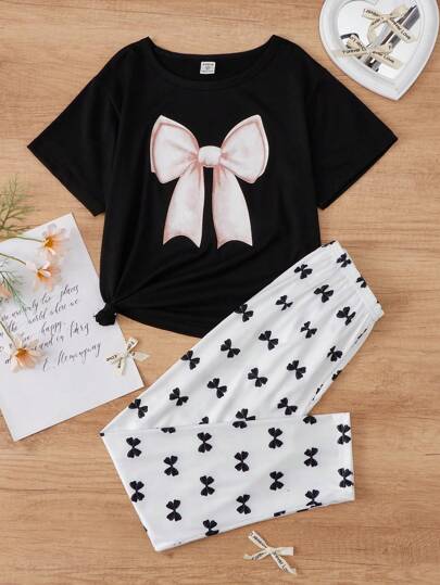 Tween Girls' 3d Bow Print Pajama Set With Bowknot Detail