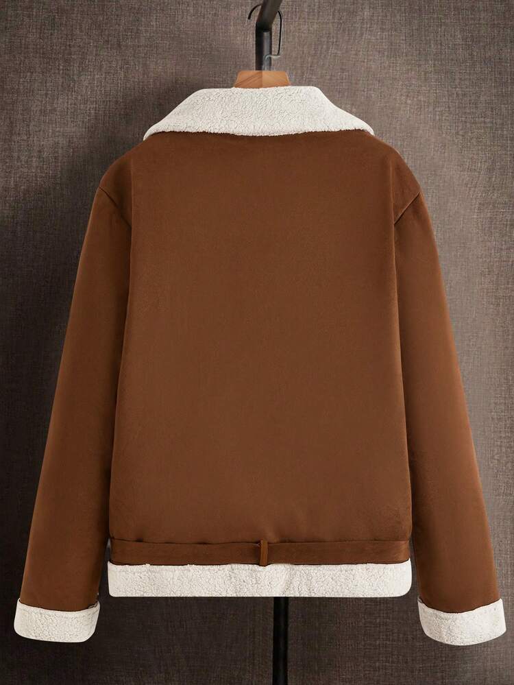 Men 1pc Teddy Lined Buckle Belted Jacket