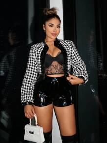 SHEIN SXY Houndstooth Print Lantern Sleeve Contrast Trim Tweed Overcoat - Black and White - View 4