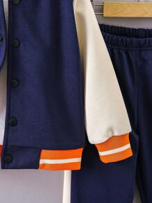 SHEIN Young Boy Letter Patched Striped Trim Varsity Jacket & Sweatpants Without Tee - Royal Blue - View 4