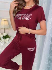 Slogan Graphic Tee & Knot Pants PJ Set / Pajama Set Bridallingerie
